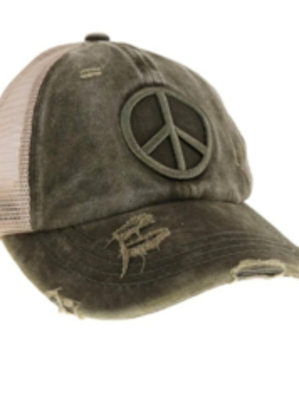 NWOT Green CC Distressed Embroidered Peace Sign Criss Cross High Ponytail Hat
